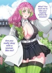 1girls asking_for_it asking_for_sex blush breasts bush butcherboy cleavage cloud collared_shirt colored_tips curvy demon_slayer demon_slayer_uniform english_text female_only green_eyes green_hair green_thighhighs hair_behind_ear imminent_sex kanroji_mitsuri kimetsu_no_yaiba large_breasts long_hair looking_at_viewer miniskirt mole mole_under_eye multicolored_hair open_clothes open_shirt outdoors panties pantyshot pink_hair pleated_skirt ribbed_legwear ribbed_thighhighs shirt skindentation skirt sky solo speech_bubble thick_thighs thighhighs thighs translated underwear upskirt wall white_panties white_shirt