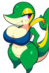 ai_generated anthro anthrofied big_breasts blush bottomless bra breasts cleavage clothed clothing curvy_figure eyelashes female generation_5_pokemon green_body half-closed_eyes hand_on_hip hellsonger hi_res huge_breasts narrowed_eyes navel nintendo non-mammal_breasts pokemon pokemon_(species) pokemorph reptile scalie short_stack simple_background slightly_chubby smile snaggle_tooth snivy solo thick_thighs voluptuous white_background wide_hips