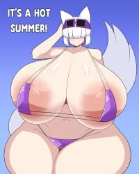 animal_ears areola_slip bikini blue_background breasts curvy duskyer english_text female female_focus fox_ears fox_girl fox_tail gigantic_breasts gradient_background large_areolae micro_bikini navel purple_bikini smile solo standing sunglasses_on_head swimsuit tail tail_raised thick_thighs thighs white_hair white_tail wide_hips