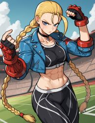 1girls abs ai ai_generated akiya292 blonde_hair blue_eyes cammy_white capcom clothed clothing color female female_focus female_only fit_female hi_res light-skinned_female light_skin long_hair medium_breasts muscles muscular muscular_female muscular_legs muscular_thighs scar solo solo_female street_fighter street_fighter_6 tagme thick_thighs