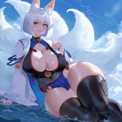 ai_generated azur_lane beach big_breasts fox fox_ears kaga_(azur_lane) lying outside smile tail thick_thighs water white_hair