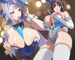 2girls bowtie breasts brown_hair bunny_ears bunny_girl bunnysuit cleavage detached_collar elbow_gloves female folkwang folkwang_(moist_rabbit) gloves goddess_of_victory:_nikke hintobento hips huge_breasts leotard light-skinned_female light_skin long_hair mary_(medical_rabbit)_(nikke) mary_(nikke) multiple_girls purple_hair skindentation thick_thighs thighhighs thighs wide_hips wrist_cuffs