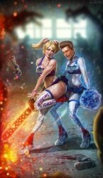 blonde_female blonde_hair blood blood_on_body cheerleader cheerleader_uniform cleavage female jojobanks juliet_starling leg_lift lipstick_mark lollipop lollipop_chainsaw pom_poms school short_skirt thigh_socks twintails zombie