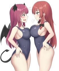 2girls :3 :d absurdres alternate_costume ass asymmetrical_docking black_bow black_tail black_wings blue_one-piece_swimsuit blush bow braid breast_contest breast_press breasts breath cleavage closed_mouth commentary_request covered_navel demon_girl demon_tail demon_wings eye_contact from_side green_eyes groin hairbow half-closed_eyes hand_on_own_hip head_wings highres hong_meiling impossible_clothes impossible_swimsuit koakuma large_breasts long_hair looking_at_another multiple_girls new_school_swimsuit notice_lines one-piece_swimsuit open_mouth profile raised_eyebrow red_eyes red_hair school_swimsuit side_braids sideboob sidelocks simple_background smile smirk straight_hair succubus sweatdrop swimsuit tail thighs touhou twin_braids very_long_hair white_background wings youmu-kun