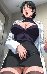 1girls ai_generated aroused bible_black bible_black_only big_breasts black_hair blush boob_window boobs center_opening cleavage cleavage_cutout clothing coat dress earrings enigmata exposed_pussy female female_only from_below genital_fluids horny horny_female huge_breasts imminent_fingering imminent_masturbation in_heat inviting inviting_to_sex jewelry lab_coat lipstick looking_at_viewer makeup mature mature_female milf minase_yukiko miniskirt moaning no_bra no_panties no_panties_under_skirt offering open_mouth pencil_skirt purple_shirt pussy pussy_focus pussy_juice pussy_juice_drip revealing_clothes sensitive short_hair skimpy skimpy_clothes skirt solo solo_focus standing stockings teacher viewed_from_below wet wet_pussy yellow_eyes