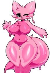 ai_generated anthro big_breasts blush breasts curvy_figure eyelashes featureless_breasts featureless_crotch female fur goo_creature hellsonger hi_res looking_at_viewer navel nintendo nude one_eye_closed open_mouth pink_body pokemon pokemon_(species) silly_cat_(mauzymice) simple_background slime smile solo standing sweat thick_thighs white_background wide_hips wink