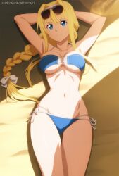 1female 1girls ai_assisted ai_generated alice_schuberg alice_synthesis_thirty armpits arms_behind_head artkoikoi athletic athletic_female bangs beach belly belly_button bikini bikini_bottom bikini_top blonde_hair blonde_hair_female blue_bikini blue_bikini_bottom blue_bikini_top blue_eyes blue_eyes_female bow braid breasts commentary_request day daytime english_commentary female female_only hands_behind_head hi_res highres koikoi laying laying_on_back light-skinned_female light_skin long_hair long_hair_female looking_at_viewer mixed-language_commentary outdoors outside sand smile smiling smiling_at_viewer sunglasses sunglasses_on_head sword_art_online sword_art_online_alicization