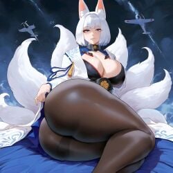 ai_generated airplane azur_lane fox fox_ears huge_ass huge_breasts kaga_(azur_lane) lying night tail thick_thighs white_hair