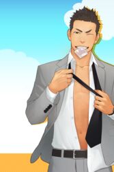 1boy abs bara black_hair condom itto_(mentaiko) looking_at_viewer male male_only mentaiko muscle muscles necktie pov suit tagme undressing wink yaoi