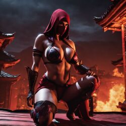 ai_generated armor bra female fire gear kneeling masked mortal_kombat red_hood skarlet