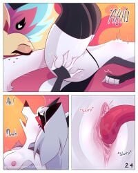 4:5 absurd_res anthro areola bangs blush breasts canid canid_demon canine cartoon_freckles comic cunnilingus demon detailed_genitals eyelashes eyes_closed female female/female freckled_face freckles genitals glistening_eyelids hellaverse hellhound helluva_boss hi_res kat._.arts long_eyelashes loona_(helluva_boss) mammal medium_breasts moan motion_lines mythological_canine mythological_creature mythology nipple_dip nipples oral queen_bee-lzebub_(helluva_boss) red_sclera sex simple_background tongue vaginal vulva white_eyes