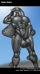 aeromorph aircraft alternate_version_available balls blue_eyes cum duke_(delta_x3) erection f-22 genital_fluids genitals humanoid humanoidized living_aircraft living_machine male male_only muscular muscular_male nude penis precum renthedragon solo testicles