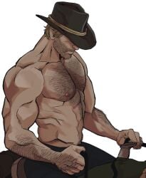 1boy 2024 arthur_morgan bara barazoku beard biceps blonde_hair body_hair bonjourdraws clothing cowboy cowboy_hat daddy dilf hairy_arms hairy_chest hairy_male hat male male_nipples male_only manly mature_male muscular_male nipples pecs red_dead_redemption_(series) red_dead_redemption_2 rockstar_games