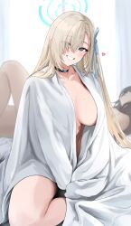 asuna_(blue_archive) background_character blanket blue_archive choker cleaning_&_clearing_(blue_archive) covering_breasts grin heart lotus_position millennium_science_school_student mostly_nude on_bed seductive seductive_look sitting smile