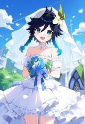 1boy 1femboy ai_generated blush bridal_veil crossdressing femboy genshin_impact green_eyes happy holding_bouquet looking_at_viewer male male_only open-mouth_smile otoko_no_ko smiling solo trap two_tone_hair venti_(genshin_impact) wedding_dress