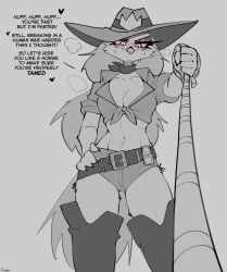 anthro blush condom cowboy demidoggo demon dialogue heart helluva_boss rope solo_female stella_(helluva_boss) sweat