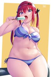 1girls arm_up bat_hair_ornament bikini black_ribbon blue_bikini blue_swimsuit breasts busty chubby cleavage clothing curvy eating eyelashes female female_only food front-tie_bikini fully_clothed gabriel_dropout hair_between_eyes hair_ornament hair_ribbon highres holding_food holding_ice_cream ice_cream kurumizawa_satanichia_mcdowell looking_at_viewer medium_breasts navel oekakizuki open_mouth popsicle purple_eyes red_hair ribbon sexually_suggestive shiny_hair shiny_skin side-tie_bikini sidelocks signature simple_background sitting solo striped_bikini striped_swimsuit swimsuit teeth thick_thighs tongue tongue_out twintails voluptuous wide_hips