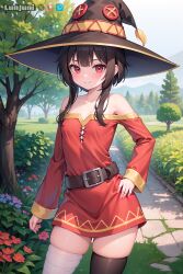 1girls ai_generated bandage bandaged_leg belt blush breasts brown_hair cute detailed eyebrows_visible_through_hair female female_only front_view garden hair_between_eyes highres kono_subarashii_sekai_ni_shukufuku_wo! light-skinned_female light_skin looking_at_viewer lunjuni megumin outdoors red_dress red_eyes short_hair short_hair_with_long_locks single_thighhigh solo stable_diffusion standing tagme thick_thighs watermark witch_hat