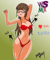 bikini brown_hair chilo_chan chilo_sports glasses mexican_female red_clothing strip_game surprised_expression