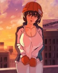 animated beanie boobs city_background cityscape flashing flashing_breasts fuuko_izumo gloves jacket shirt_lift twistedgrim undead_unluck