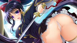 ass black_skirt blue_hair blush breasts clouds erect_nipples female from_behind game_cg hair_ribbon highres holding holding_sword huge_breasts legs long_hair long_sleeves looking_back open_mouth partially_visible_vulva ponytail puffy_nipples purple_eyes pussy ribbon school_uniform sengo_muramasa:_ken_no_gaika serious skirt sky solo standing sword thighs thong tied_hair weapon