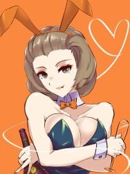 1girls :p alcohol alternate_costume arms_under_breasts bare_shoulders bottle breasts brown_eyes brown_hair bunny_ears bunny_girl bunnysuit cleavage collarbone crossed_arms female female_only fire_emblem fire_emblem:_three_houses glass keldancon large_breasts leotard licking_lips lipstick looking_at_viewer manuela_casagranda nintendo orange_eyeshadow orange_lips orange_lipstick short_hair shoulders smile solo tongue tongue_out