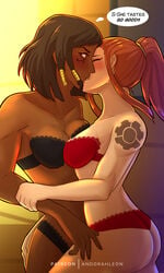 2d 2girls andorahleon ass ass_grab blush bra breasts brigitte brigitte_lindholm brown_hair cleavage clothed dark-skinned_female dark_skin egyptian english_text fareeha_amari female female_only highres kissing overwatch pale_skin panties pharah ponytail romantic softcore tattoo text thong thought_bubble underwear yuri