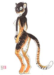 2014 anthro braided_hair breasts casual_nudity digitigrade feline female hair hi_res kacey long_hair looking_at_viewer mammal nipples nude paws sideboob solo tasteful_nudity traditional_media_(artwork)