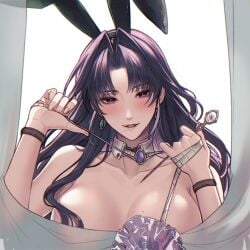 1girls angon623_(artist) behind_curtain big_breasts bowtie bunny_ears curtains flower garofano_(path_to_nowhere) gem hiding_breasts long_hair measuring_tape no_bra nude path_to_nowhere purple_hair sensual white_background