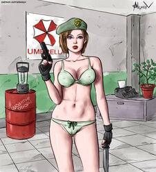 alexeyv bra cameltoe female female_only green_panties gun guns human jill_valentine jill_valentine_(julia_voth) panties resident_evil solo