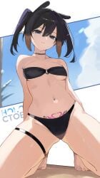 belly_button belly_button_piercing bikini hip_dips hololive hololive_english hololive_myth ku_roiko looking_at_viewer midriff ninomae_ina'nis on_knees skindentation small_breasts thick_thighs thighs vtuber