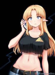 1girls a_link_between_worlds black_crop_top blonde_hair blue_eyes breasts crop_top holding_phone hypnosis hypnotizing jeans long_hair looking_at_viewer medium_breasts midriff mind_control navel newmoonshira nintendo phone princess_zelda the_legend_of_zelda zelda_(a_link_between_worlds)