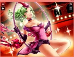 big_breasts breasts cleavage female female_only goddess green_hair hat huniepop pink_outfit theiatena_venus