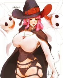 bon_drawr cape corset female female_only garter_belt garter_straps halloween_costume large_breasts one_piece panties perona pink_hair tagme thick_thighs thighs witch witch_hat