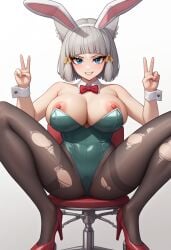 ai_generated alternate_breast_size big_breasts blue_eyes breasts bunny_ears bunnysuit cat_ears catgirl double_peace_sign exposed_breasts female female_only happy high_heels nia nia_(xenoblade) nipples peace_sign spread_legs white_hair xenoblade_(series) xenoblade_chronicles_2