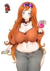 1girls alchemistnpc big_ass blue_eyes blush brewer_(alchemistnpc) cleavage female female_only fully_clothed goggles huge_breasts lazyfelyne long_hair looking_at_viewer midriff orange_hair potion solo terraria thick_thighs