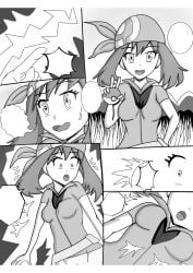 big_breasts breasts clothing may_(pokemon) paralysis pokemon takemoshi-art touching_breast younger_female