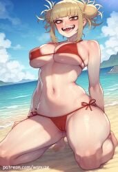 ai_generated beach big_ass big_breasts big_butt big_thighs bikini blonde_hair blush boku_no_hero_academia brown_eyes cum_in_thighs himiko_toga huge_ass huge_butt huge_thighs medium_breasts my_hero_academia outdoors swimsuit toga_himiko wanuze wide_hips