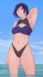 1girls absurd_res alluring athletic_female bare_legs bikini black_and_purple_hair blue_sky cleavage female_abs fit_female high_res kalruna medium_breasts namco ocean purple_eyes reina_mishima swimsuit tekken tekken_8