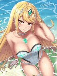 1girls beach blonde_hair breasts chest_jewel cleavage core_crystal cslucaris earrings female gem headpiece jewelry large_breasts long_hair mythra mythra_(radiant_beach)_(xenoblade) nintendo one-piece_swimsuit patreon_username ribbed_swimsuit shorts solo strapless strapless_one-piece_swimsuit striped_clothes striped_one-piece_swimsuit swept_bangs swimsuit thighs three-tone_swimsuit tiara vertical-striped_clothes vertical-striped_one-piece_swimsuit very_long_hair wet white_one-piece_swimsuit xenoblade_(series) xenoblade_chronicles_2 yellow_eyes