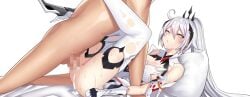 1boy 1girls blue_eyes censored cum_in_pussy cum_overflow dripping_cum eyebrows_visible_through_hair hair_ornament high_heels honkai_impact_3rd kiana_kaslana kiana_kaslana_(herrscher_of_flamescion) legs_up long_hair looking_up missionary_position mosaic_censoring on_bed partially_clothed pillow rur4885 sex sweat vaginal_penetration very_long_hair white_gloves white_leggings white_pillow white_thighhighs