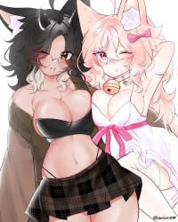 2girls armpits belly_button big_breasts breast_squish dark-skinned_female fox_girl glasses midriff remiune smooth_skin thick_thighs tongue_out winking_at_viewer