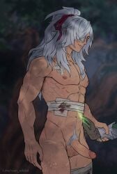 abs bandaged_leg bandaged_torso bandages blood brown_gloves clothed_male_nude_male commentary_request completely_nude erection gloves grey_hair highres honkai:_star_rail honkai_(series) jing_yuan luocha_(honkai:_star_rail) male_focus muscular muscular_male natalia_kikicheva nude orange_eyes pectorals penis ponytail russian_commentary scar scar_on_arm smile