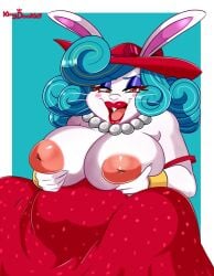 1girls anthro blue_hair breasts broodal clothing dress female female_only furry furry_only hat jewelry kingdookie lagomorph lipstick looking_at_viewer madame_broode mammal mario_(series) nintendo nipples open_mouth pearl_necklace rabbit red_dress red_hat red_lipstick solo solo_female super_mario_odyssey whiskers white_fur