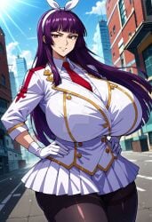 1girls ai_generated big_breasts brown_eyes city curvy_female fairy_tail female female_focus hairbow hand_on_hip kagura_mikazuchi large_breasts light-skinned_female light_skin long_hair looking_at_viewer purple_hair scarlizz skirt stockings thick thick_thighs tie uniform voluptuous_female wide_hips