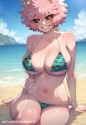 ai_generated ashido_mina beach big_ass big_breasts big_butt big_thighs bikini blush boku_no_hero_academia breasts cleavage colored_skin female female_focus female_only gold_eyes huge_ass huge_butt huge_thighs medium_breasts my_hero_academia outdoors pink_hair pink_skin swimsuit thick_thighs thighs wanuze wide_hips