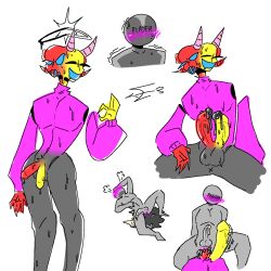 black_cum black_pants cum cum_in_ass demons diphallia diphallism floating_arms gay gay_sex grey_skin horns justender male multi_penis oc original original_character overflowing penis pink_sweater player red_skin yaoi yellow_skin