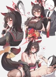 !? 1boy 1girls absurdres allied_hyakkiyako_academy_student animal_ear_fluff animal_ears bare_shoulders black_gloves black_jacket black_nails black_shirt blue_archive blush bow breasts brown_hair brown_thighhighs cleavage commentary_request cowgirl_position eyeshadow female fingernails fox_ears fox_girl fox_tail gloves grabbing_another's_breast grabbing_from_behind groping gyu_chul halo heart heart-shaped_pupils highres holding_another's_wrist index_finger_raised jacket large_breasts light-skinned_female light-skinned_male light_skin makeup multiple_views nail_polish obi off_shoulder red_eyeshadow red_halo sash sensei_(blue_archive) seven_prisoners_(blue_archive) sex shirt smile spoken_heart surprised sweat symbol-shaped_pupils tail tail_bow tail_ornament tail_wagging thigh_strap thighhighs thighs torn_clothes torn_thighhighs wakamo_(blue_archive) white_shirt yellow_eyes