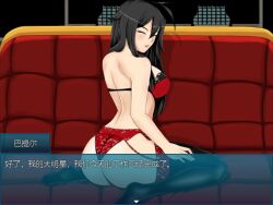 1boy 1girls animated ass ayame_(fleeting_iris) black_hair black_legwear black_thighhighs bra breasts chinese_text fleeting_iris game_cg huge_breasts lip_biting long_hair looking_at_viewer nude nude_female one_eye_closed orange_eyes photoshoot red_bra red_lingerie red_underwear tagme thighhighs video white_underwear wink winking_at_viewer