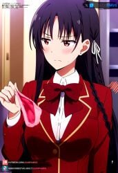 ai_generated big_breasts black_hair blush classroom_of_the_elite curvy curvy_figure female female female_only grabbing_pants hair_ornament horikita_suzune juanpiamvs long_hair looking_aside patreon patreon_username red_eyes school_uniform subscribestar subscribestar_username watermark